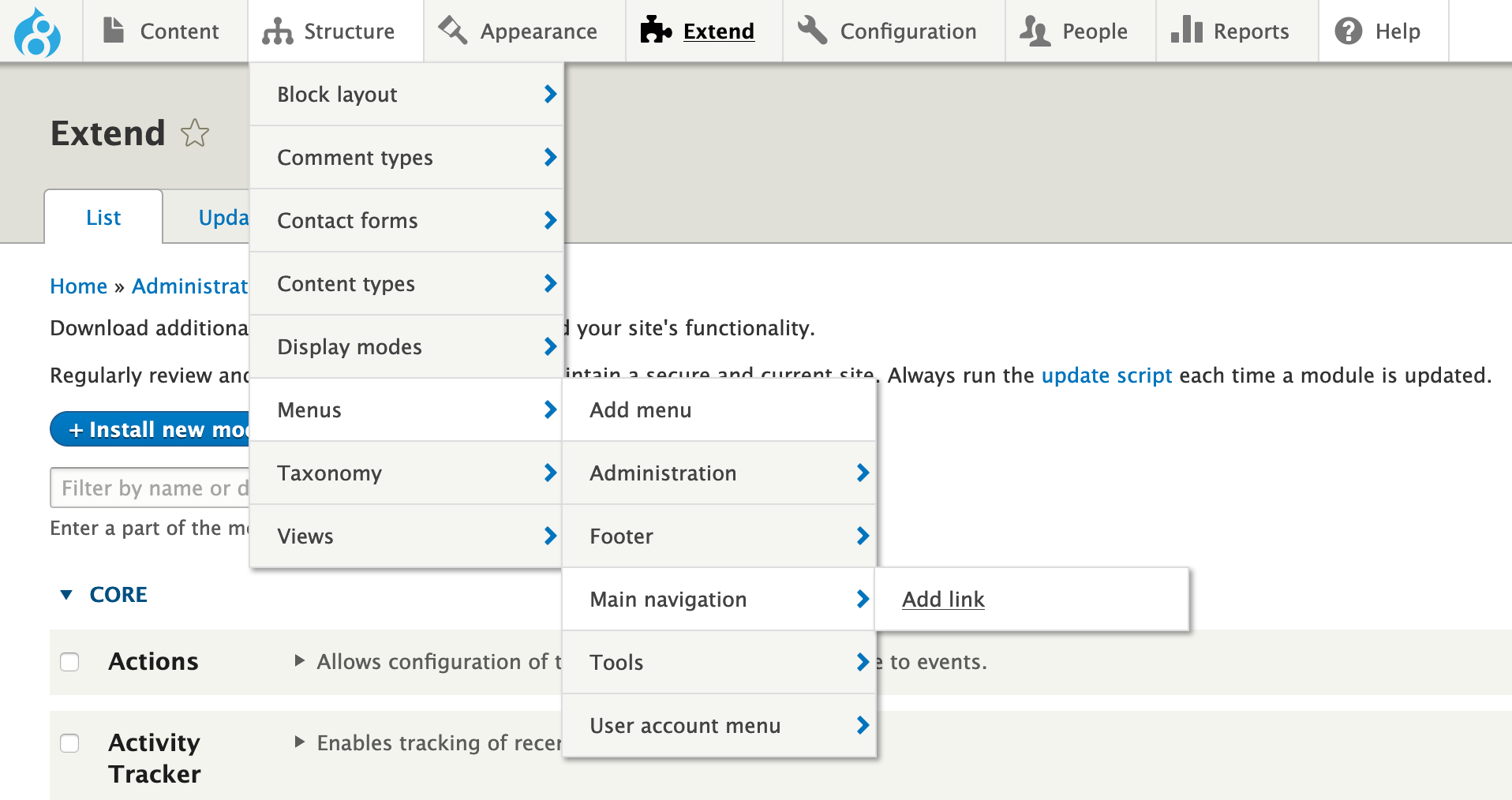 The Admin Toolbar module in action