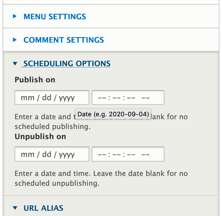 The Scheduler module options on a Drupal edit page