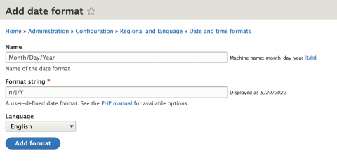 A screen shot of the Add Date Format form in Drupal 9, with fields for Name, Format string, and Language