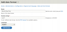 A screen shot of the Add Date Format form in Drupal 9, with fields for Name, Format string, and Language